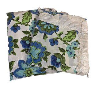 Vintage 1970s Blue Floral Curtains 3 Panels Ruffled Americana Polyester Drapery